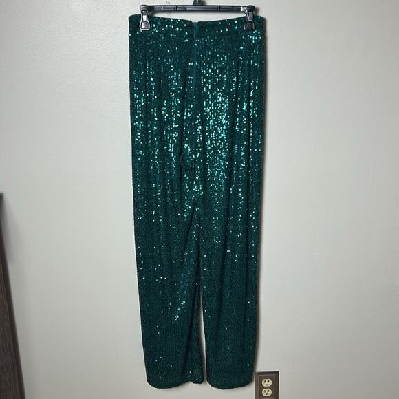 NWT Belle by Badgley Mischka Iris EMERALD GREEN sequin flat front drapey pants - Picture 8 of 14